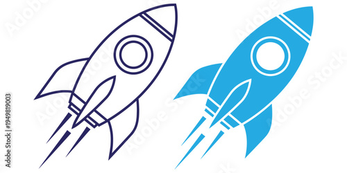 Two rocket ships blasting off in space, vector art and whit background
