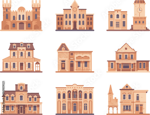 Vintage western town buildings set, classic frontier architecture collection, historic old west houses and saloon facades illustration
