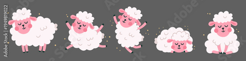 A set of vector illustrations in a cute children's style. Cute sheep in different poses, running, jumping, and sleeping. . Vector illustration