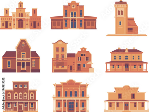 Wild west buildings set, vintage western town architecture, classic frontier houses and saloon facades, old american town illustration