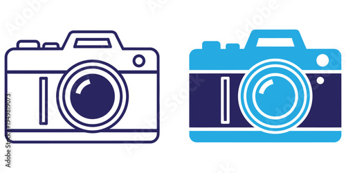 Two stylized camera icons in white and blue, vector art and whit background