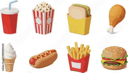 Fast Food and Cinema Snack Icon Set with Popcorn, Hot Dog, French Fries, and Sandwich for Movie Theater Concessions and Delivery Apps