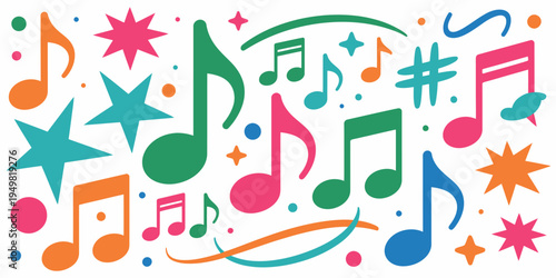 Colorful hand drawn music notes and symbols isolated on white background for creative design projects