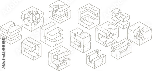 Isometric brutalist line-art 3D geometric blocks