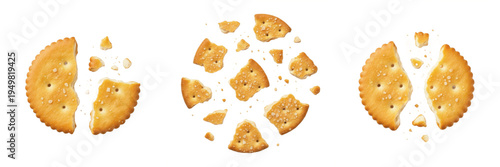 Photos Collection of broken round salty crackers isolated on white background