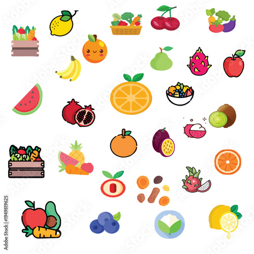 Colorful Fruit and Vegetable Vector Icon Set Featuring Flat Design and Kawaii Outline Styles with Apples Oranges Watermelon and Veggie Crates for Healthy Diet Graphic Design