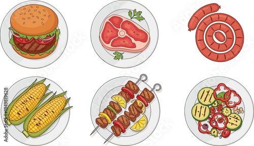 Grilled Meat and BBQ Icon Set with Raw Beef Steak, Shish Kebabs, Sausages, and Corn for Barbecue Party Invitations, Menus, and Butchery Branding