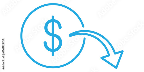 A blue dollar sign with a downward arrow, vector art and whit background