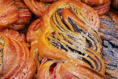 Cuadro en lienzo Delicious assortment of freshly baked sweet pastries with poppy seed and fruit f