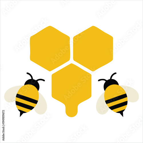 Cute bees with honeycomb vector illustration isolated on white for nature concepts