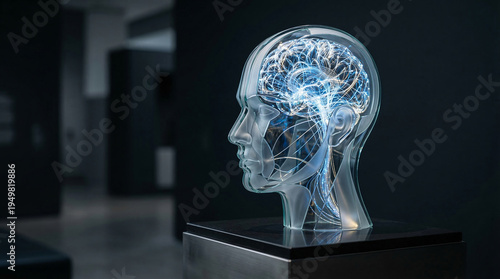 Futuristic Transparent Glass Human Head with Glowing Blue Brain and Neural Pathways