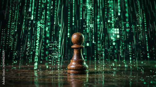 Wooden Chess Pawn Standing in Front of a Digital Matrix Background with Green Data Streams