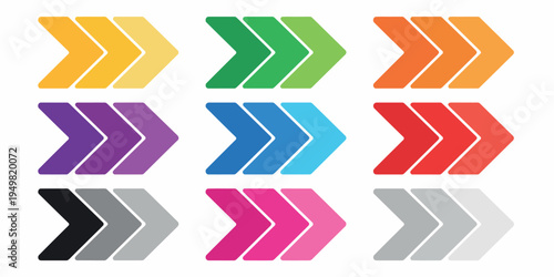 Colorful sliding arrow icons set with dynamic motion symbols in flat vector illustration isolated for web design application interface and directional navigation elements