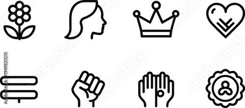 Woman profile, crown and raised fist line icons set for empowerment, leadership and success

