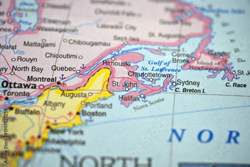 Bild auf Leinwand Charlottetown Canada Close Up Macro World Map Bokeh Background Geographic Image