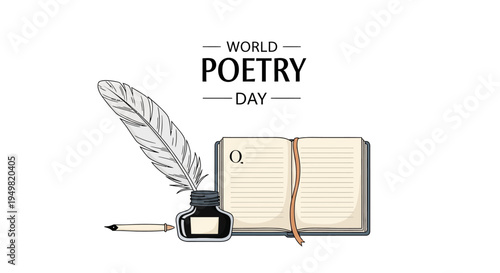 Vector illustration of an open book with a feather quill and inkwell, celebrating World Poetry Day with a literary arts concept on a white background.