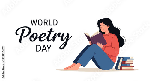 Illustration of a woman reading poetry on World Poetry Day with books around her in a colorful, literary-themed design.