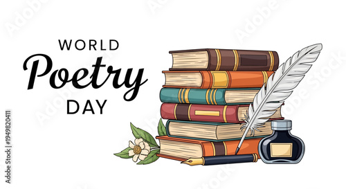 Illustration of a stack of books with a quill pen and inkwell celebrating World Poetry Day with a poetic literature concept against a clean background.