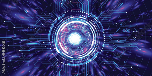 Futuristic digital tech interface background – glowing blue neon circuit board HUD tunnel, cyber security data network abstract