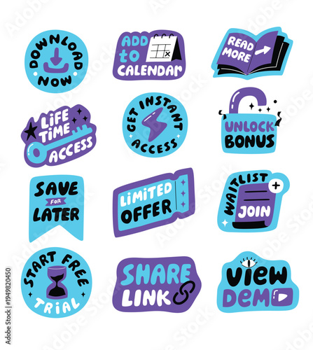 Cute Kawaii Call To Action Stickers Featuring Download Add To Calendar Read More Lifetime Access Unlock Bonus And Digital Marketing Labels
