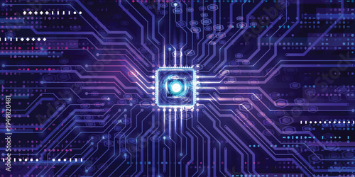 Futuristic AI Microchip on Neon Purple Circuit Board, Digital Data Network Technology Background Banner