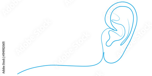 A line drawing of a human ear with a long auditory nerve, vector art and whit background