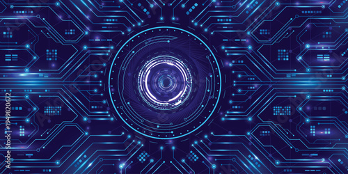 Blue Futuristic Circular HUD Interface on Glowing Circuit Board, Digital Cyber Technology Network Background Banner