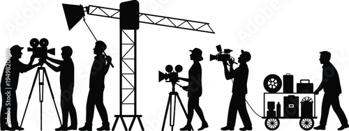 Silhouette of film crew at work with various equipment isolated on white background, Vector, illustration