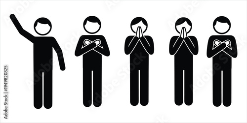 Five Black Silhouette Figures Showing Different Poses And Gestures On White Background icon human
