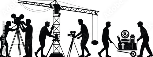 A group of people working on a film set isolated on white background, Vector, illustration