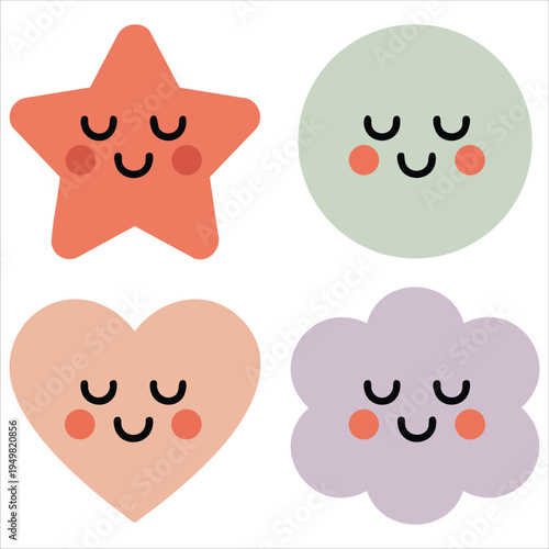 Kawaii hearts and stars with cute eyes for children room decoration vector