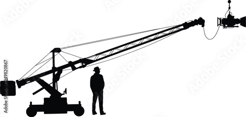 A man standing next to a large crane with a camera isolated on white background, Vector, illustration