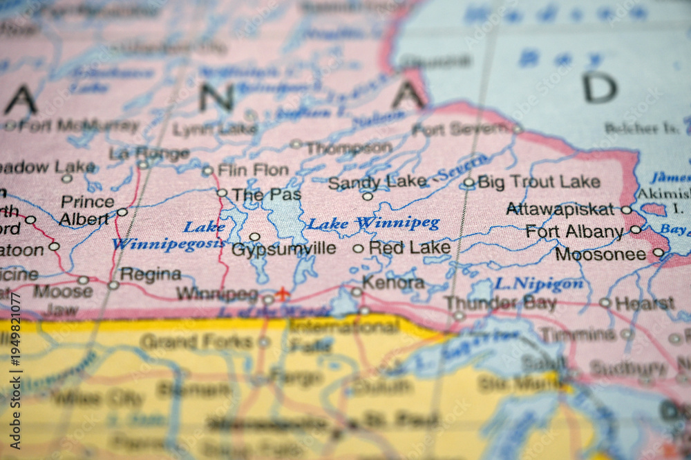 Naklejka premium Lake Winnipeg Manitoba Canada on World Map with Defocused Background Geography Concept
