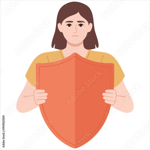 Woman holding protective shield for security and antivirus business concept vector