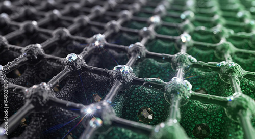 Abstract Molecular Lattice Render with Sparkling Crystals and Scientific Green Lighting