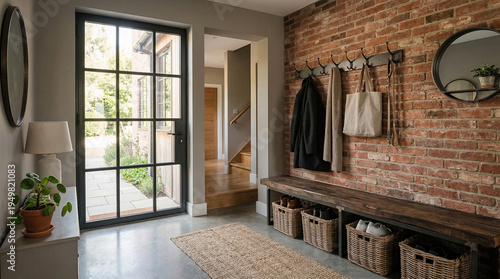 Modern Industrial Home Entryway with Exposed Brick Wall and Wooden Bench