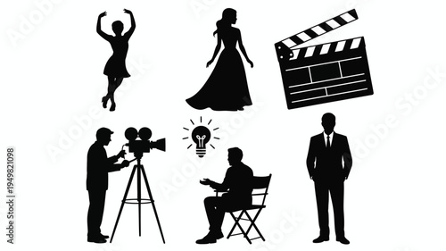 Silhouettes of people making a movie isolated on white background, Vector, illustration