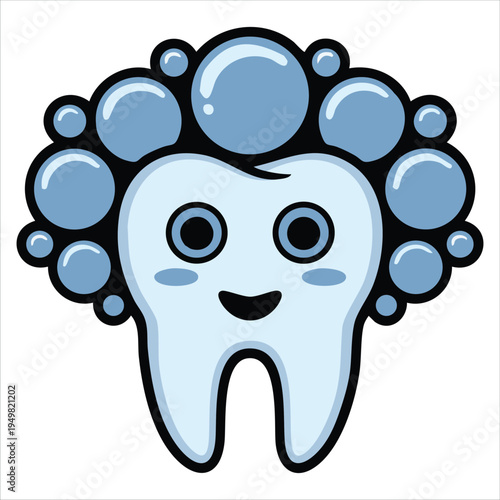 Cute cartoon tooth character with toothpaste foam doodle sticker style vector