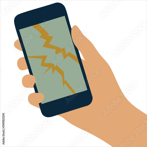 Hand holding smartphone with cracked broken screen for electronics repair vector
