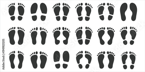 Set of black silhouette footprints and shoe prints on a white background footstep track