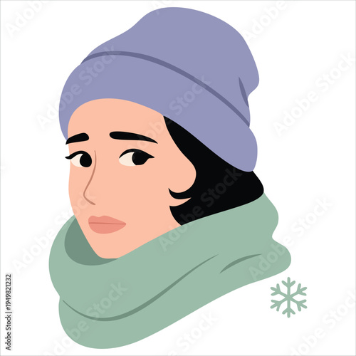 Female character with frostbitten face from cold winter allergy vector illustration