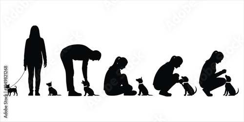 Silhouettes of People Interacting with Cats and Dogs in Various Poses person human