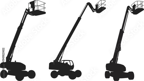 Silhouette of three boom lifts on a white background isolated on white background, Vector, illustration