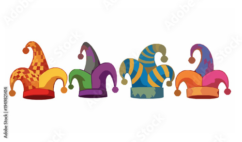 Fantasy jester hat collection colorful joker caps for carnival costume design isolated on white