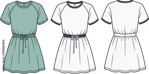 Women's casual short sleeve drawstring waist dress vector illustration set, front and back views, modern flat fashion template for summer outfit design and clothing mockup