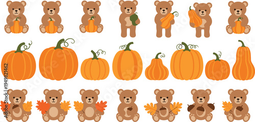 Comprehensive Flat Design Vector Collection Featuring Cute Teddy Bears Holding Pumpkins and Autumn Leaves for Thanksgiving Harvest and Seasonal Fall Decor Projects