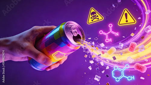 Neon Ultra Processed Energy Drink Releasing Chemical Additives and Toxic Warning Symbols Concept of Artificial Nutrition Risk