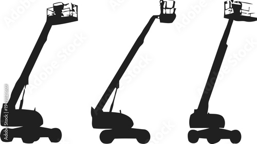 Three black aerial lifts with extended booms and baskets isolated on white background, Vector, illustration