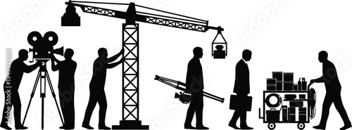 Film crew at work with crane and equipment isolated on white background, Vector, illustration