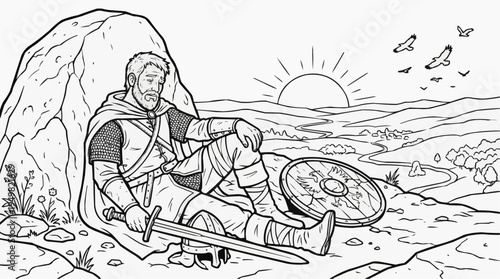 Coloring page for children - a wounded warrior is leaning against a boulder in a peaceful sunset landscape